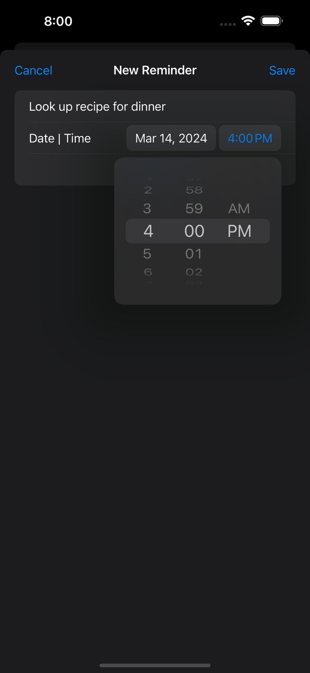The New Reminder sheet with a text field and a date and time picker.
