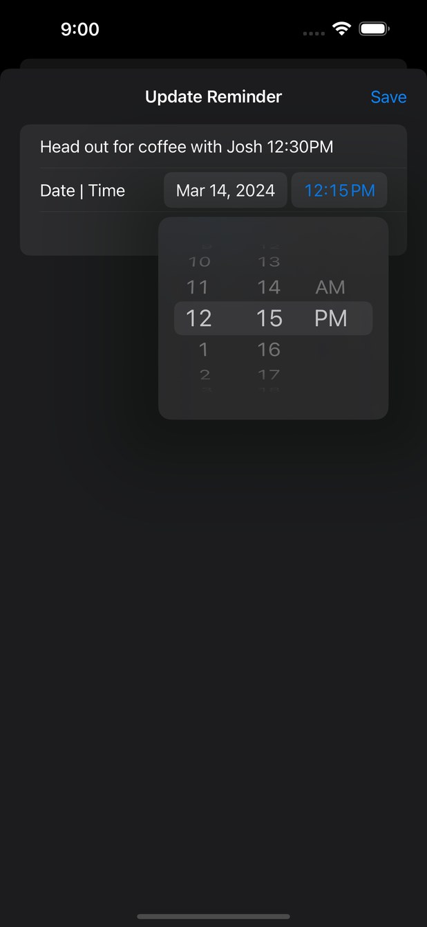 The Update Reminder sheet showing an existing reminder being rescheduled.