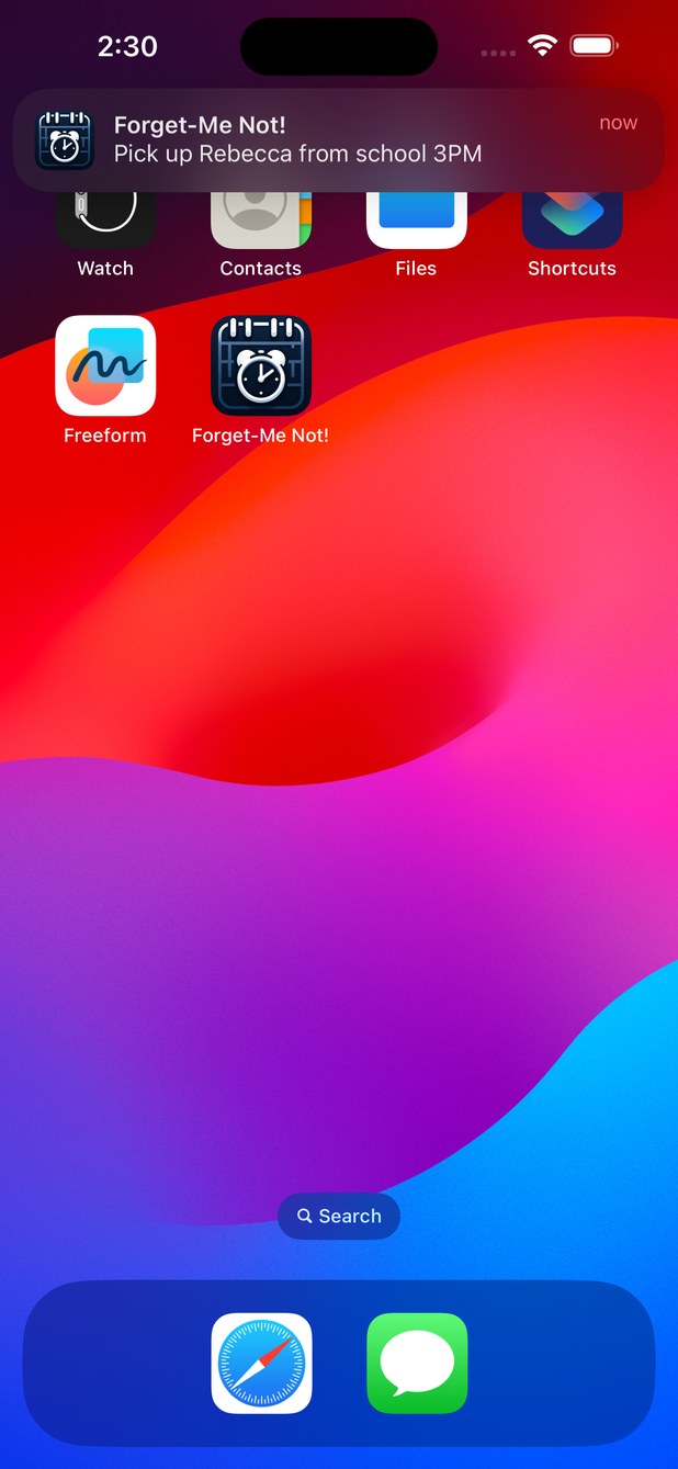 A Forget-Me Not! notification banner on the iOS home screen above the app icon.